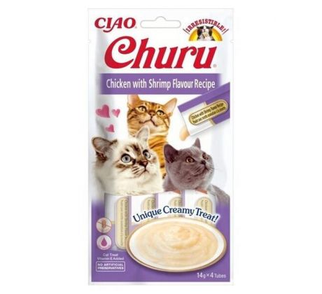 Pamlsok Inaba Churu Pyré cat Kura s krevetami 12 x 4 tuby 672 g